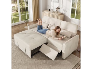 Canapé-lit convertible 3-en-1 3 places 176x148x83 cm avec couchage extractible, dossier réglable 3 positions, repose-jambes, chenille beige