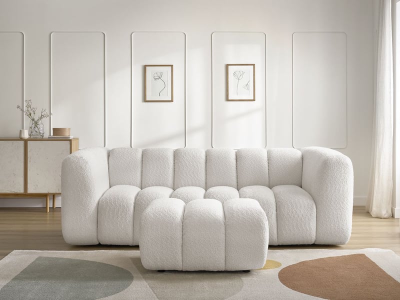  Bobochic canapé droit fixe 3 places talia tissu bouclette avec pouf blanc TALIA - Conforama D