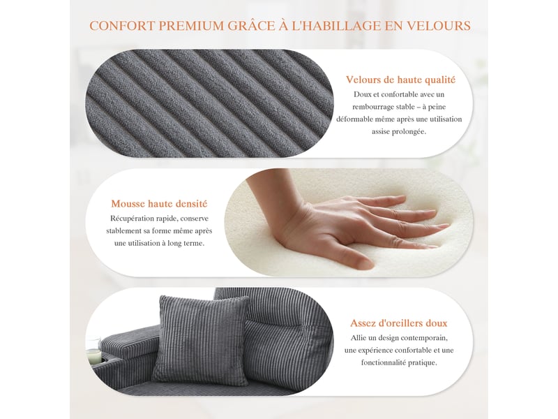  Canapé 4 places en velours gris anthracite avec méridiennes des deux côtés, rangement, porte-gobelets, usb, fonction lit extensible, pour salon  - Conforama E