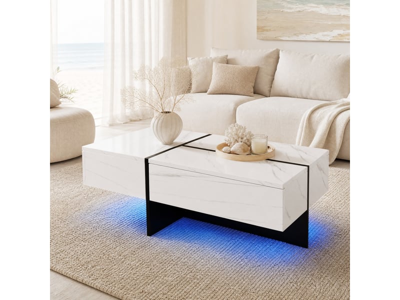  Table basse 100x50x34,5 cm avec 3 tiroirs et led, effet marbre blanc et noir  - Conforama C