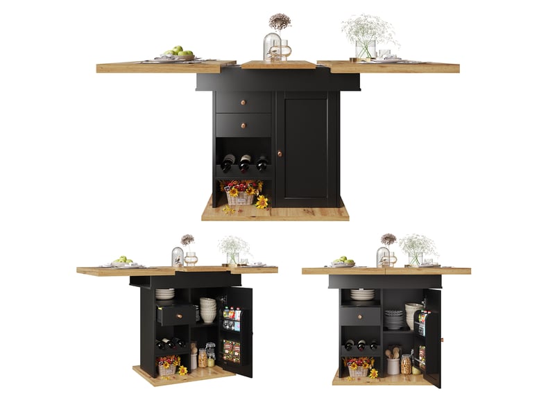  Table à manger extensible, 110-140x80x75 cm, 4-6 places avec porte-snacks, salle à manger, mdf, coloris noir et naturel  - Conforama A