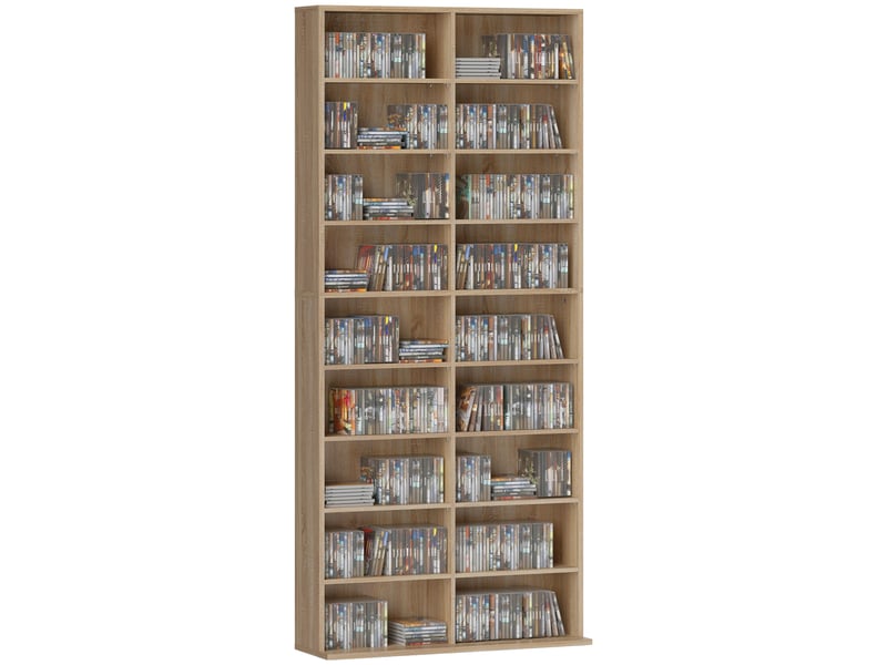  Meuble à dvd à 9 niveaux avec 18 compartiments et 14 étagères réglables, pouvant contenir 640 cd, 360 dvd ou 430 blu-ray, en bois naturel  - Conforama A