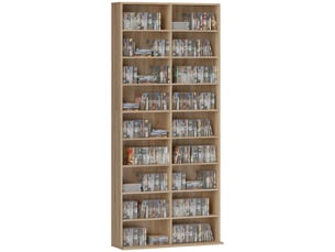 Meuble à dvd à 9 niveaux avec 18 compartiments et 14 étagères réglables, pouvant contenir 640 cd, 360 dvd ou 430 blu-ray, en bois naturel
