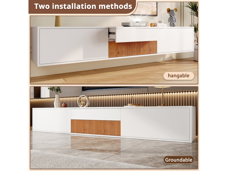  Meuble tv 180 cm mural ou sur pied avec support pour vidéoprojecteur - blanc et bois  - Conforama W