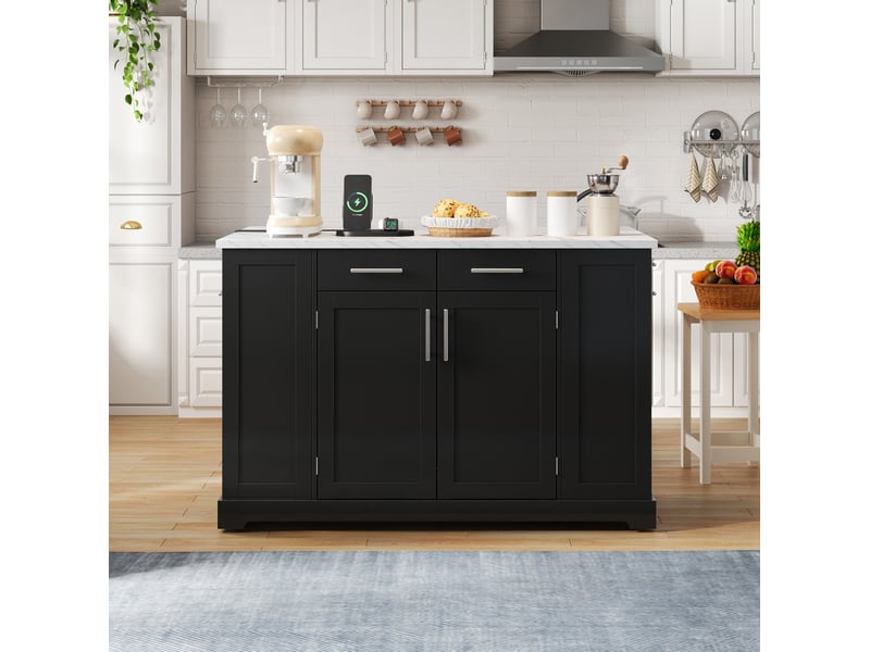  Îlot de cuisine 138 cm avec plateau rabattable et roulettes, mdf noir, effet marbre  - Conforama D