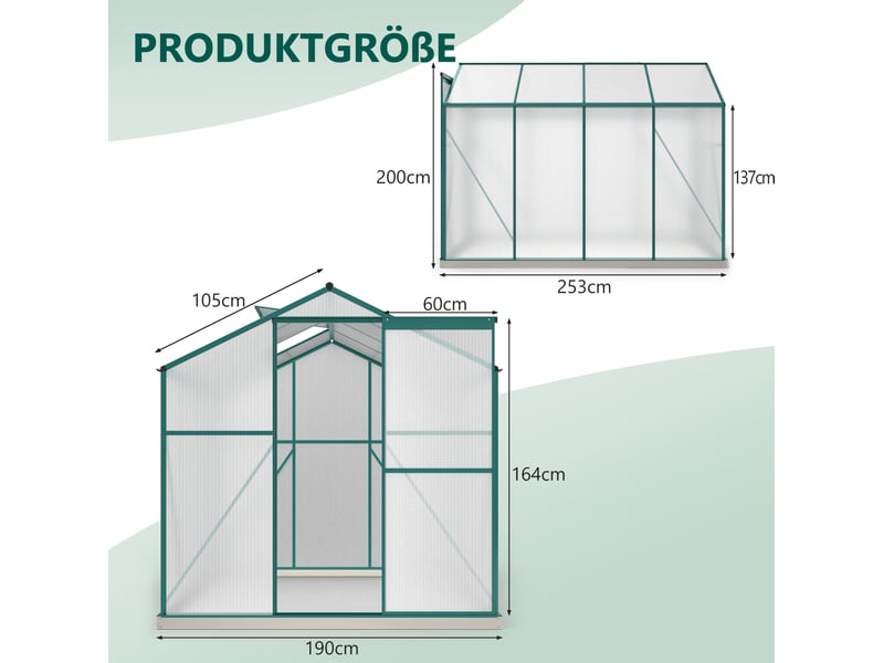  Serre de jardin 253x190 cm avec fenêtre de toit et porte coulissante, métal, argenté  - Conforama E