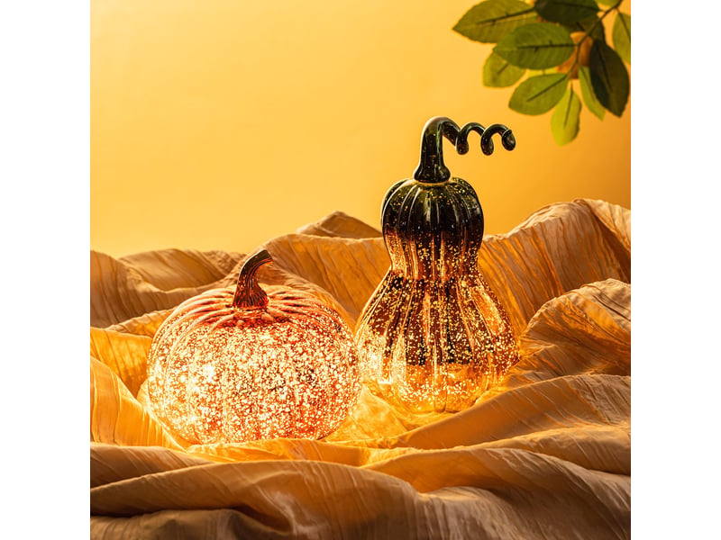 Lot de 2 décorations citrouille en verre avec led, citrouilles dorées effet verre mercure à piles, figurines lumineuses pour décoration d’automne et thanksgiving  - Conforama D