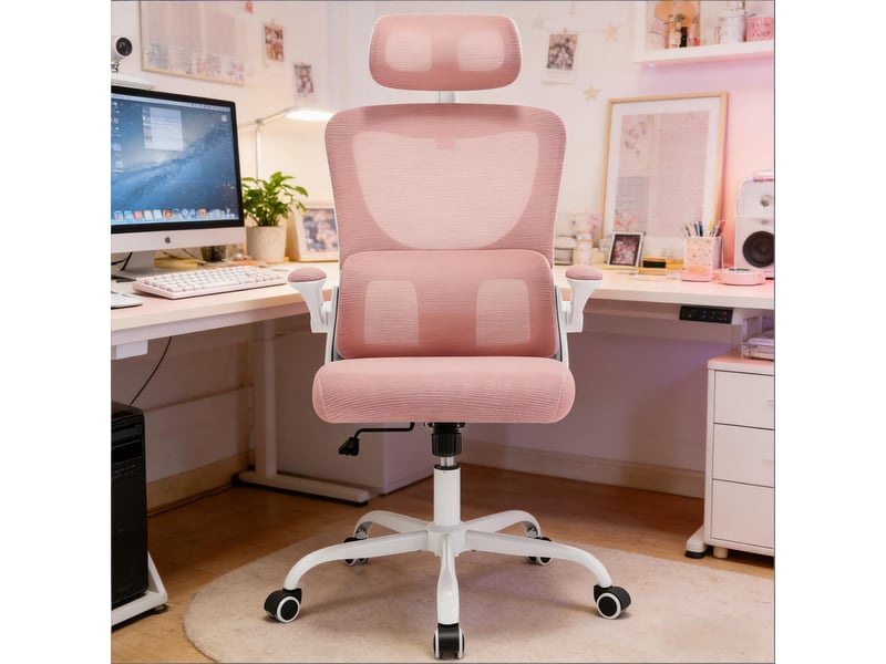  Fauteuil de bureau ergonomique rose avec accoudoirs rabattables, support lombaire et maille respirante, 150 kg  - Conforama B