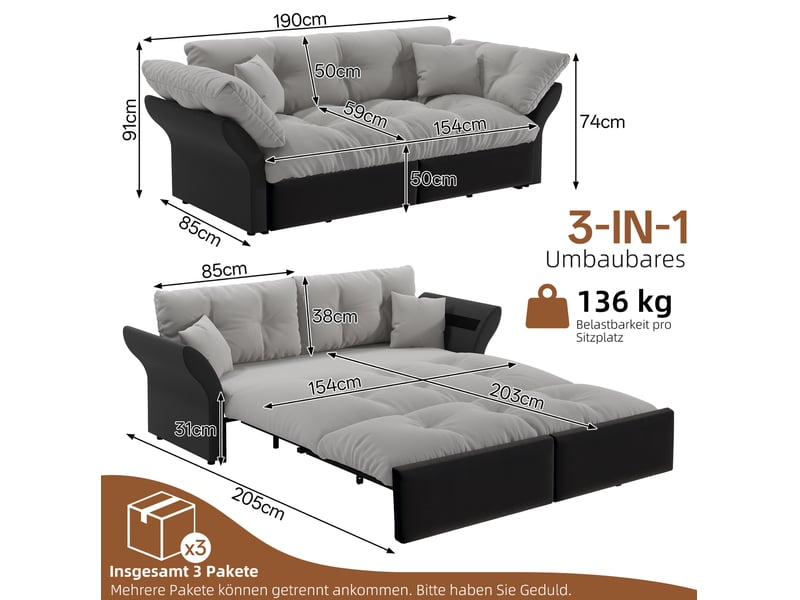 Canapé-lit convertible 3-en-1 2 places en velours gris clair avec 2 coussins - Conforama C