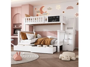 Lit superposé enfant 90x200 + 140x200 cm blanc en bois et mdf, avec tableau et rangements