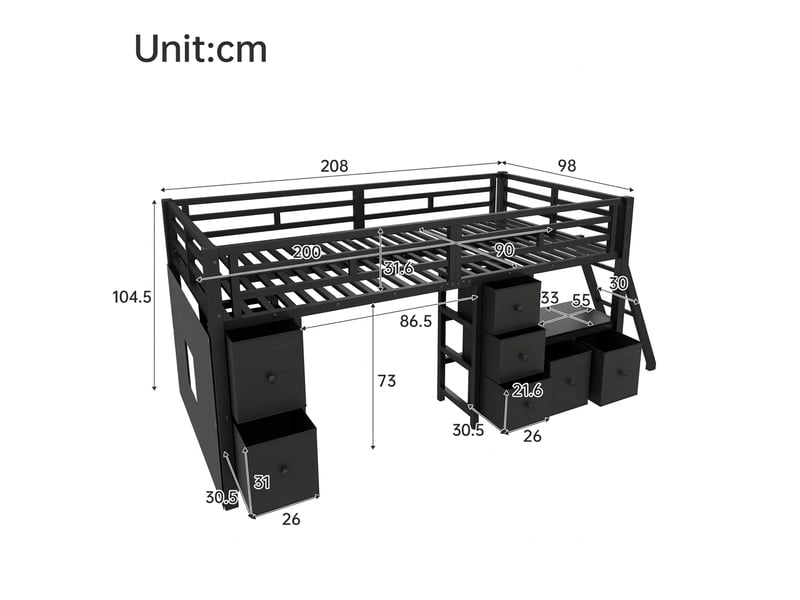 Lit mezzanine 90x200 avec 7 tiroirs, lit enfant avec led et espace de jeu, noir - Conforama E