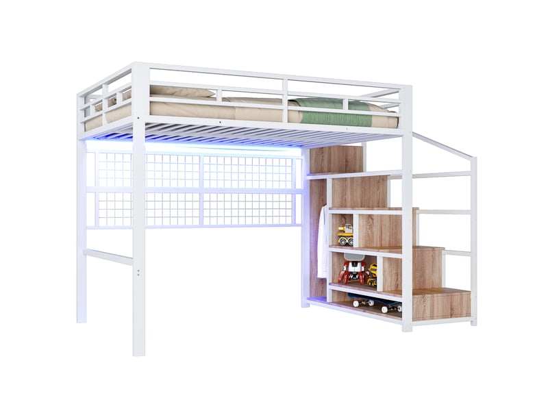  Lit mezzanine enfant 140x200 cm, penderie, escalier avec rangement, led 7 couleurs, métal et mdf, blanc Radiant Stride - Conforama A