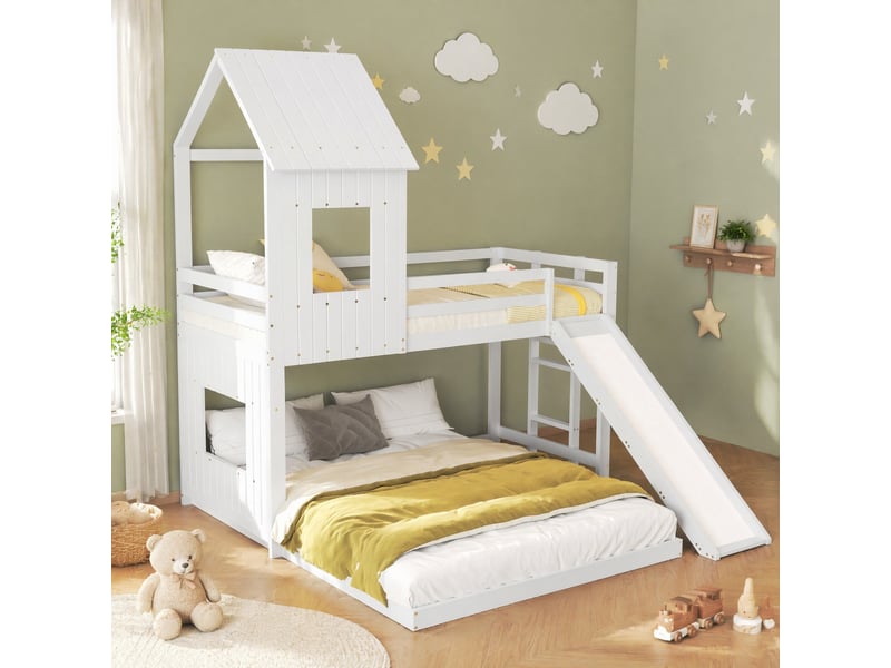  Lit superposé enfant avec toboggan blanc 90 x 200 cm et 140 x 200 cm  - Conforama C
