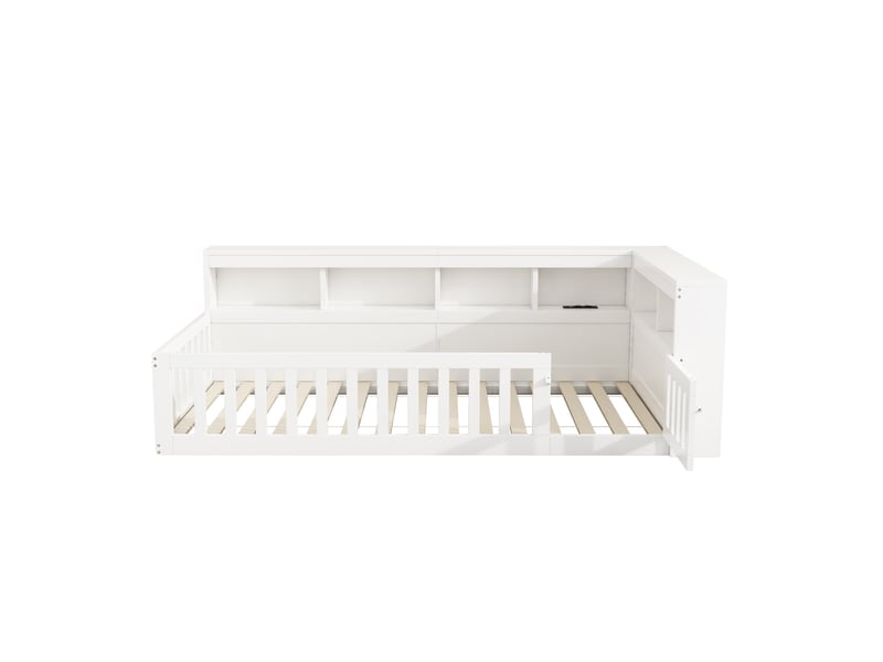 Lit banquette blanc 90x200 cm, rangements, garde-corps, prise et usb, sommier à lattes - Conforama A
