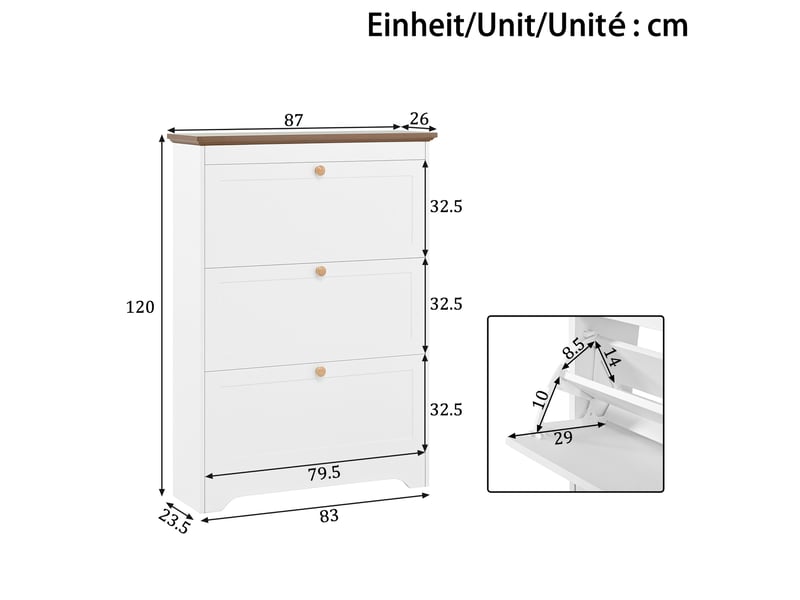 Meuble à chaussures avec 3 abattants amortis et plateau de rangement pour entrée, en mdf blanc, 87 × 26 × 120 cm - Conforama E