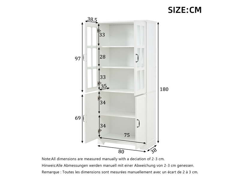  Vitrine 4 portes 5 niveaux avec rangement et verre trempé - style campagne, panneaux de particules - blanc  - Conforama D