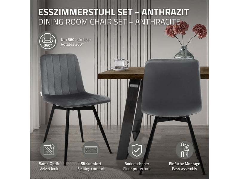  Ml-design chaise de salle à manger en velours, lot de 2, pivotante 360 degrés, avec dossier, pieds en métal, design moderne mid-century, patins réglables, pour cuisine salon, 120 kg, anthracite  - Conforama B