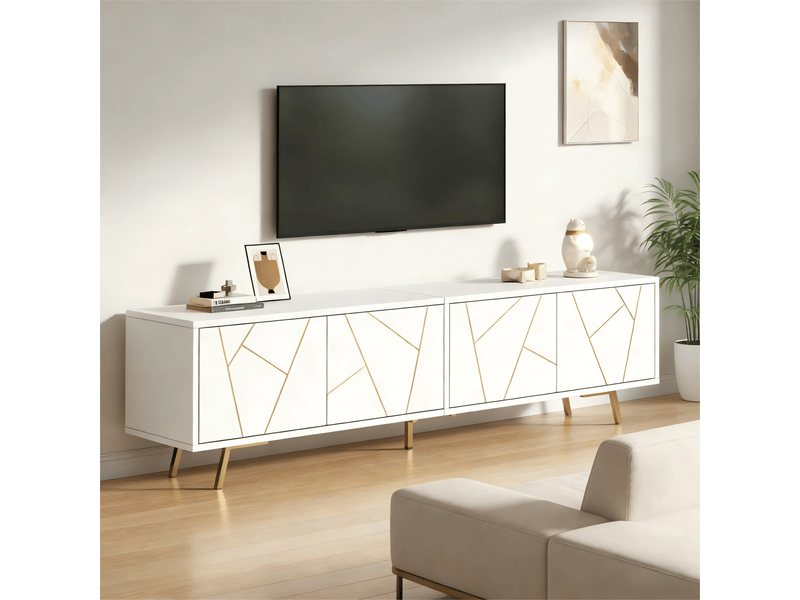 Meuble tv 190x40x51,5 cm en panneaux de particules avec 4 portes blanc et doré chicfurn  - Conforama B