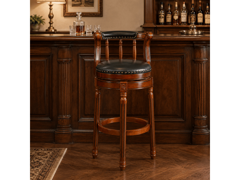  Tabouret de bar pivotant à 360° avec dossier en cuir véritable et bois  - Conforama D