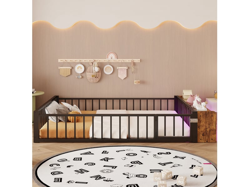  Lit enfant 140 x 200 cm en métal noir avec rangement ouvert, led et barrière  - Conforama D