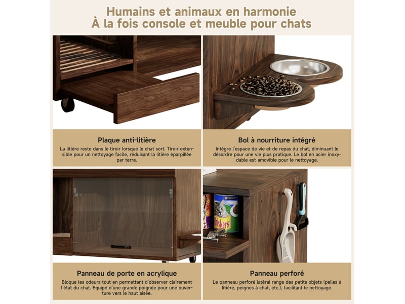  Meuble litière mobile décor bois foncé 100 cm avec 2 gamelles, tiroirs et plateau récupérateur amovible pratique  - Conforama D