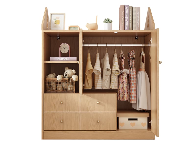 Armoire enfant 100x48x131 cm, avec penderie, 4 tiroirs, étagères, design maison, grand rangement, gain de place pour chambre - chêne  - Conforama A