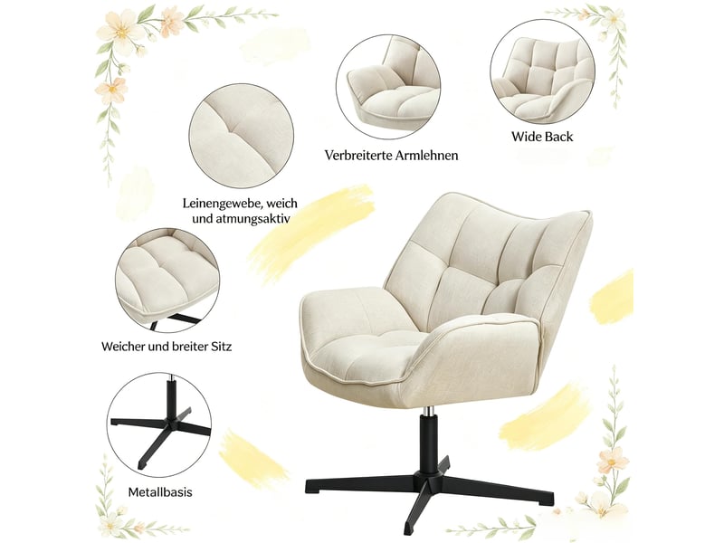  Fauteuil relax pivotant 360° 67 x 68 x 80,5 cm - chaise de salon ergonomique avec coussin épais 15 cm - piètement métal en x - tissu effet lin - beige  - Conforama A
