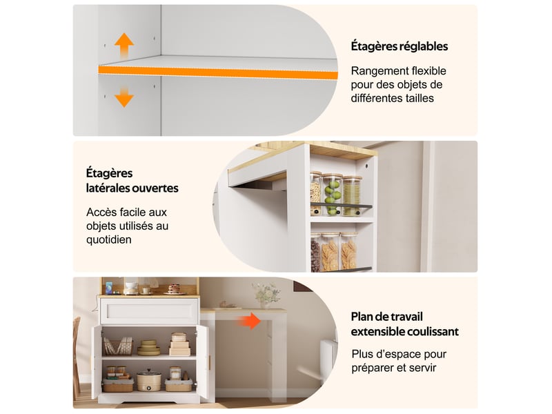 Buffet de cuisine meuble cuisine rangement avec 2 portes et niveaux de rangement, avec plan de travail coulissant, 146 x 40 x 142 cm blanc - Conforama E