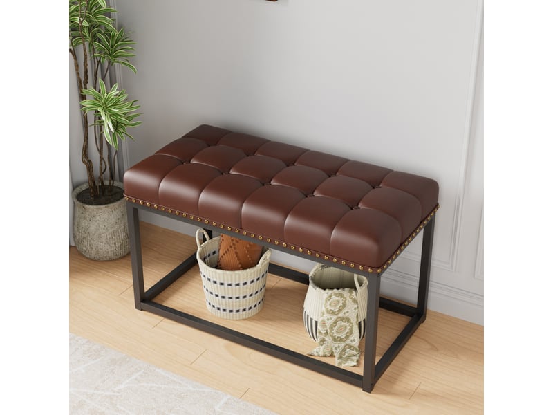  Banc rembourré vintage de 91,4 cm avec siège en simili cuir capitonné, banc de salle à manger industriel avec cadre en métal pour entrée, chambre, JD03-BR - Conforama C