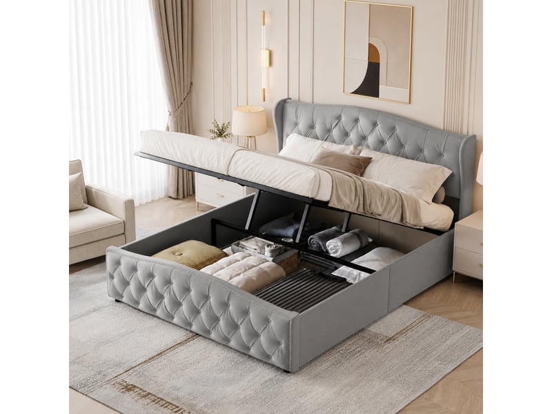  Lit double rembourré 160 x 200 cm avec espace de rangement, lit hydraulique avec sommier à lattes et tête de lit rembourrée, velours, gris 240626SM0302#ADdjMHWh23DELLM - Conforama B