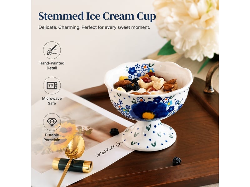  Coupe à glace sur pied en porcelaine, fleurs de printemps  - Conforama E