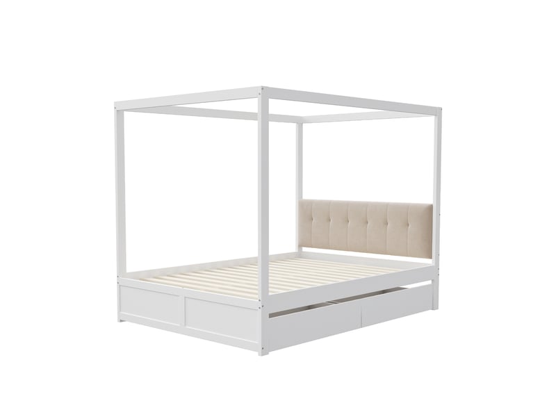  Lit 140x200 cm blanc têtes capitonnées grands tiroirs bois  - Conforama A