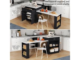 Îlot de cuisine avec table extensible, noir effet marbre, 211cm