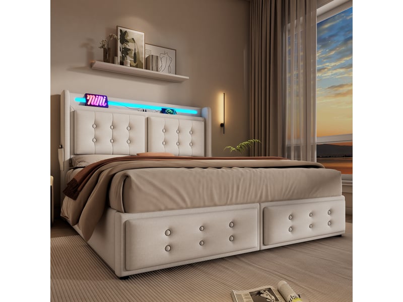  Lit polsteré en coton lin côtelé beige 160x200 cm  - Conforama E