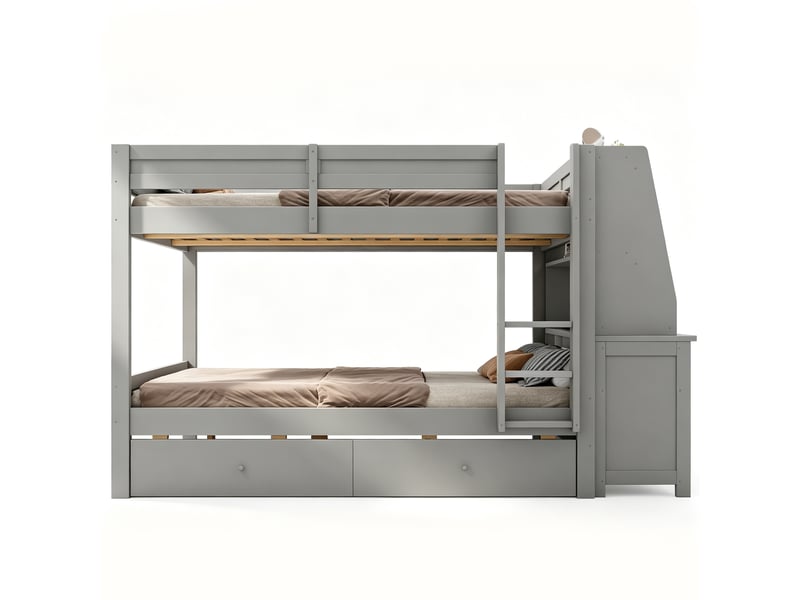  Lit superposé pour enfants de 140 x 200 cm, équipé d'un meuble de rangement, d'un bureau, d'une étagère et de tiroirs, gris  - Conforama A
