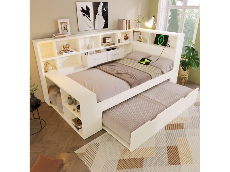  Lit gigogne jeune 90x190 cm, avec rangements et ports usb et type-c, structure en bois, couleur blanc, sans matelas  - Conforama B