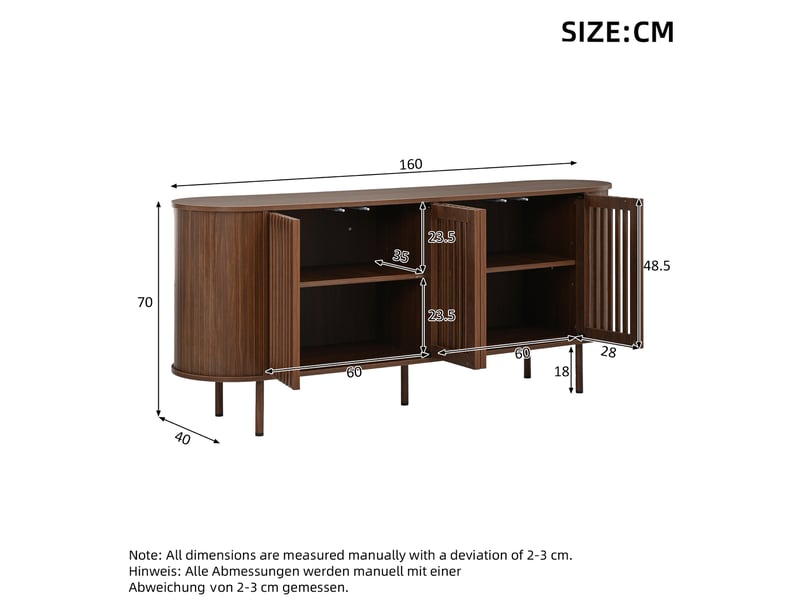  Buffet bas 160x40x70 cm, grand rangement, portes coulissantes, mdf marron, design moderne, meuble de salon et cuisine  - Conforama C