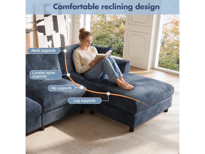 Canapé d'angle 3 places en tissu chenille bleu marine, 256×137×79 cm, méridienne réversible, assise large 90 cm, sans montage - Conforama E