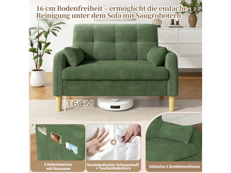  Canapé 2 places vert en tissu chenille avec 2 coussins inclus  - Conforama C