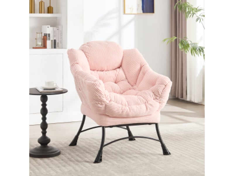  Fauteuil avec pouf, dossier ergonomique, poche latérale et accoudoirs, en flanelle et acier rose, 70 × 64 × 95 cm  - Conforama C