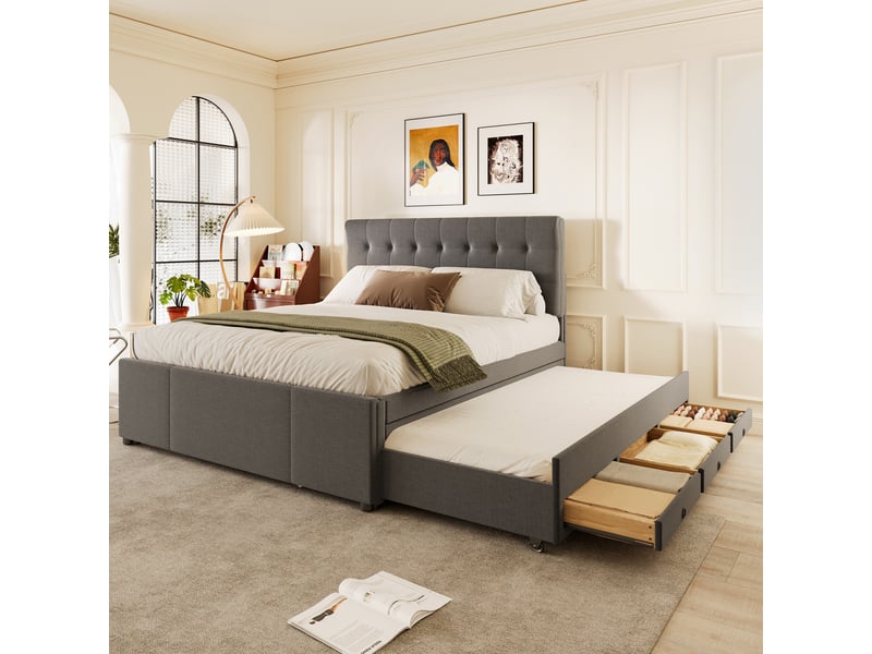  Lit simple 140x200cm, lit enfant avec trois tiroirs de rangement, lit extensible à roulettes, tête de lit réglable en hauteur, gris  - Conforama A