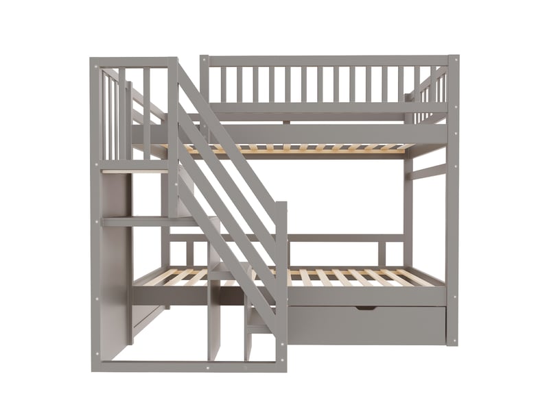  Lit superposé avec escalier-rangement, bois massif gris, 90x200 cm, barrières hautes et tiroirs  - Conforama A