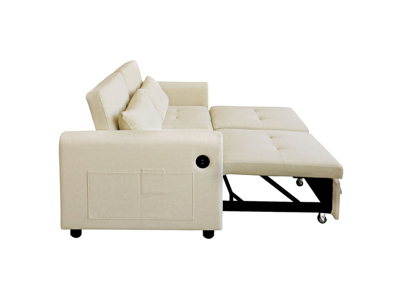  Canapé-lit 3-en-1 142x85x83 cm avec dossier réglable, ports usb, poches, tissu coton-lin beige  - Conforama D