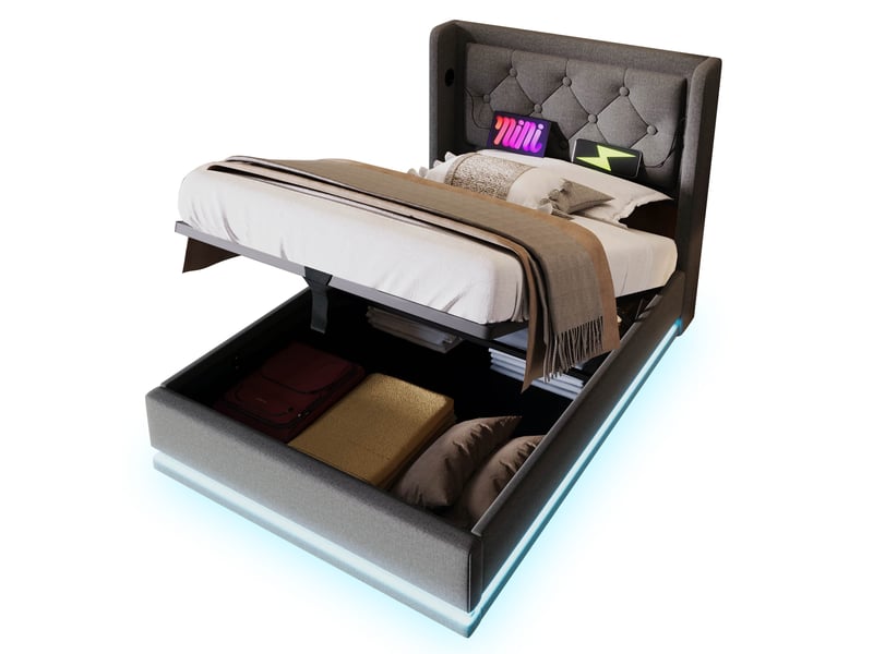  Lit coffre hydraulique 90x200 cm rembourré avec led 3 côtés et usb-c-tête de lit capitonnée-sommier à lattes-gris  - Conforama A
