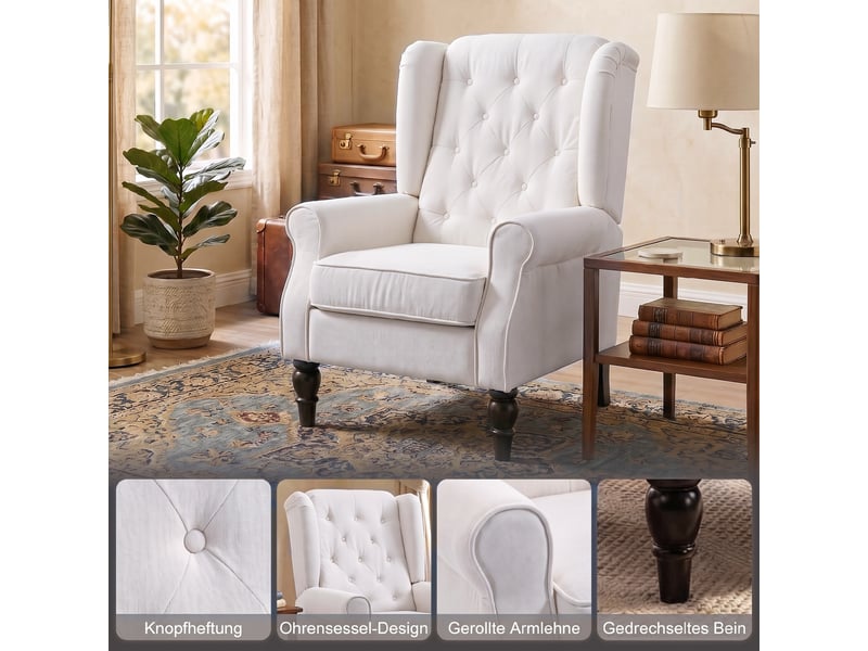 Fauteuil à oreilles capitonné en tissu flanelle et bois 74 x 86 x 102 cm blanc crème  - Conforama D