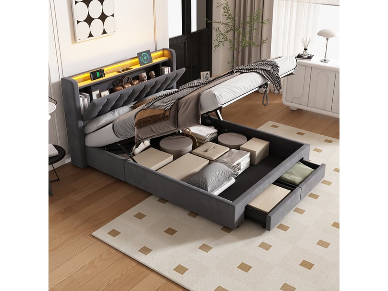  Lit coffre 2 places 140x190 cm avec led et tiroirs, coloris gris  - Conforama D