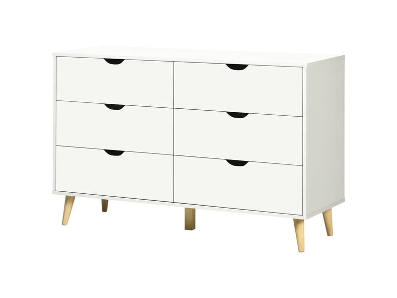  Commode à 6 tiroirs avec poignées stratifiées, en pin, 120 x 40 x 76 cm, coloris blanc et bois.  - Conforama B
