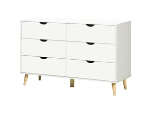 Commode à 6 tiroirs avec poignées stratifiées, en pin, 120 x 40 x 76 cm, coloris blanc et bois.