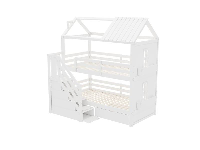  Lit superposé enfant 90x200 multifonction blanc avec escalier de rangement et tiroirs  - Conforama E