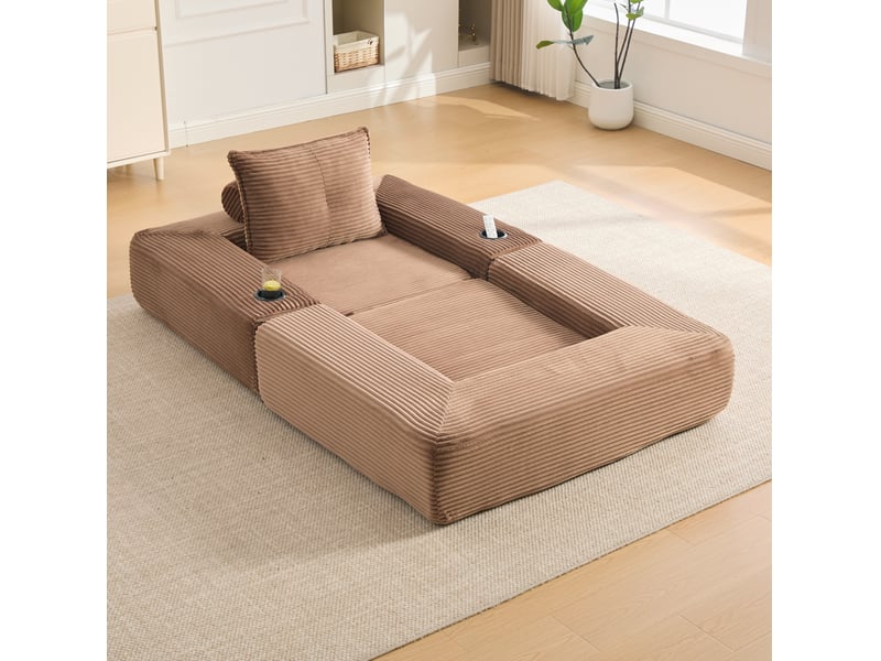  Canapé convertible 1 place avec poches latérales, porte-gobelet et accoudoirs amovibles en velours côtelé marron  - Conforama B